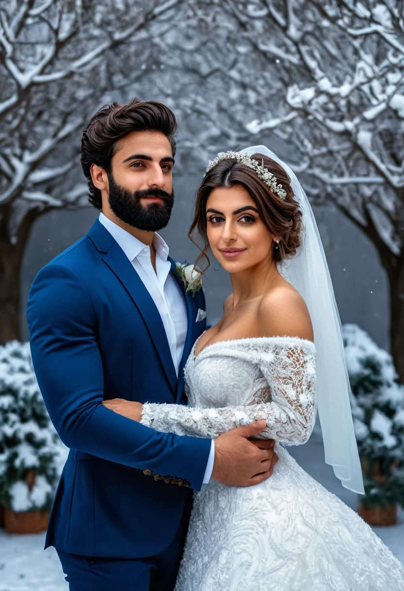 (fullbody photo:2.0) of two spouses: (a 25-year-old iranian woman, brown skin, triangular shaped face, brown eyes, long wavy hair, dark brown hair, busty, wearing a white winter wedding dress), embracing (a 28-year-old iranian man, brown skin, jawline, square jaw, short full beard, brown eyes, short hair, dark brown hair, muscular, fit body, wearing a blue groom suit), in an enchanted snowy garden, winter, (8k, photorealistic, RAW photo, best quality:1.4),