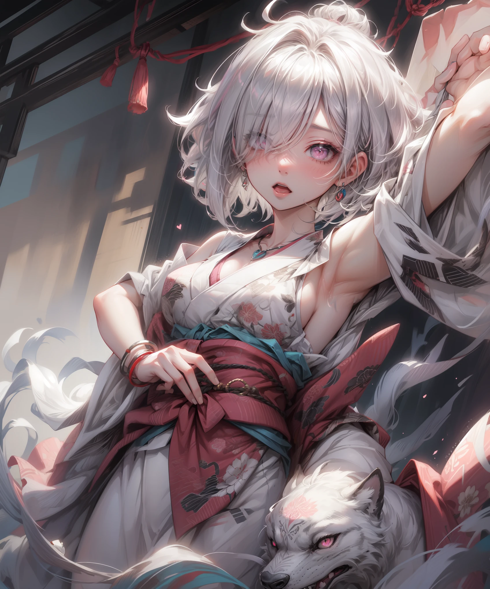 (Highest quality、High resolution、8k、masterpiece)。Look away、Open your mouth、Pink Eyes、Silver Hair、Heart shaped pupil、teeth、tongue、tongueを出す、（Original Character, (1 Girl)、Perfect Face、((short hair:1.2))、(Hair above one eye:1.3)、[[Disheveled Hair]]、Detailed eyes that shine、Light and shadow、 ((High angle shot))、Full body、bracelet、necklace、Disheveled clothes、Follow the Silver Wolf、Edo Period、kimono、Shunga、Ukiyo-e、Show your back。Unhooking a bra from behind。Put your hands behind your back。