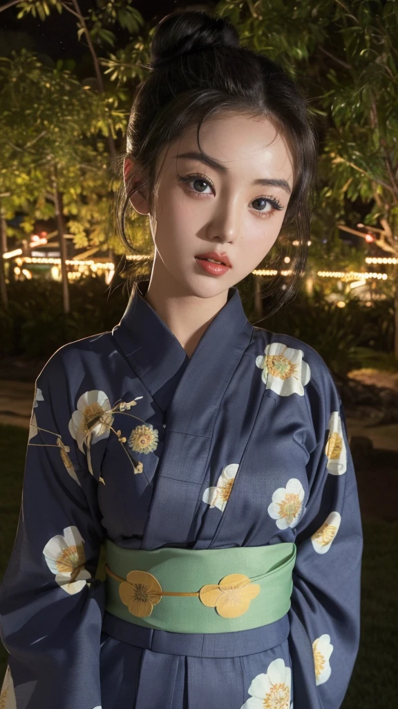 masterpiece,best quality,higher, Super sexy super cute Japanese girl、Hot, erotic and sexy lips、Big eyes、Drooping eyearilyn (;Marilyn Monroe face)、ASİAN,(brown race),dark skin,Dark brown, loosely wavy twin tails long hair,1girl,wait、Super big、sexual excitement、(((A girl in a yukata with her hair in a bun)))、Super big、(((Beautiful starry night view)))