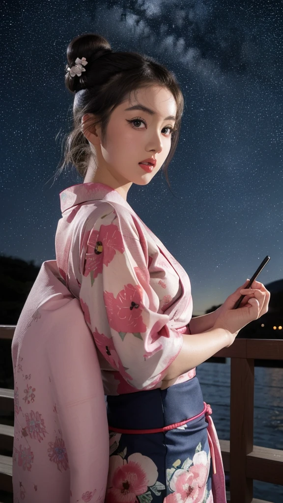 masterpiece,best quality,higher, Super sexy super cute Japanese girl、Hot, erotic and sexy lips、Big eyes、Drooping eyearilyn (;Marilyn Monroe face)、ASİAN,(brown race),dark skin,Dark brown, loosely wavy twin tails long hair,1girl,wait、Super big、sexual excitement、(((A girl in a yukata with her hair in a bun)))、Super big、(((Beautiful starry night view)))