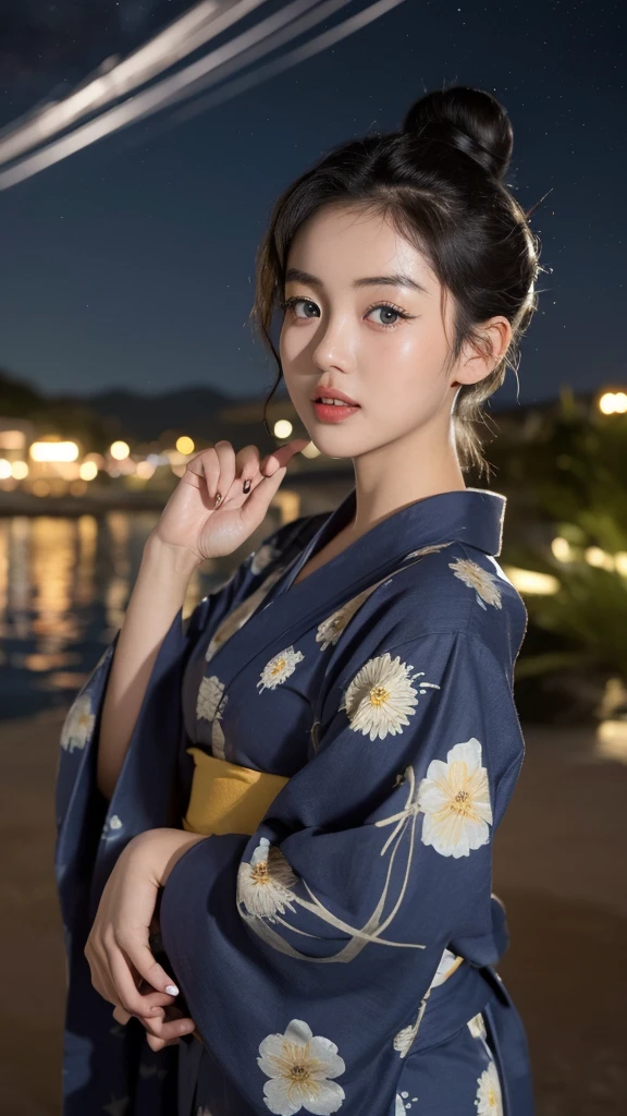 masterpiece,best quality,higher, Super sexy super cute Japanese girl、Hot, erotic and sexy lips、Big eyes、Drooping eyearilyn (;Marilyn Monroe face)、ASİAN,(brown race),dark skin,Dark brown, loosely wavy twin tails long hair,1girl,wait、Super big、sexual excitement、(((A girl in a yukata with her hair in a bun)))、Super big、(((Beautiful starry night view)))