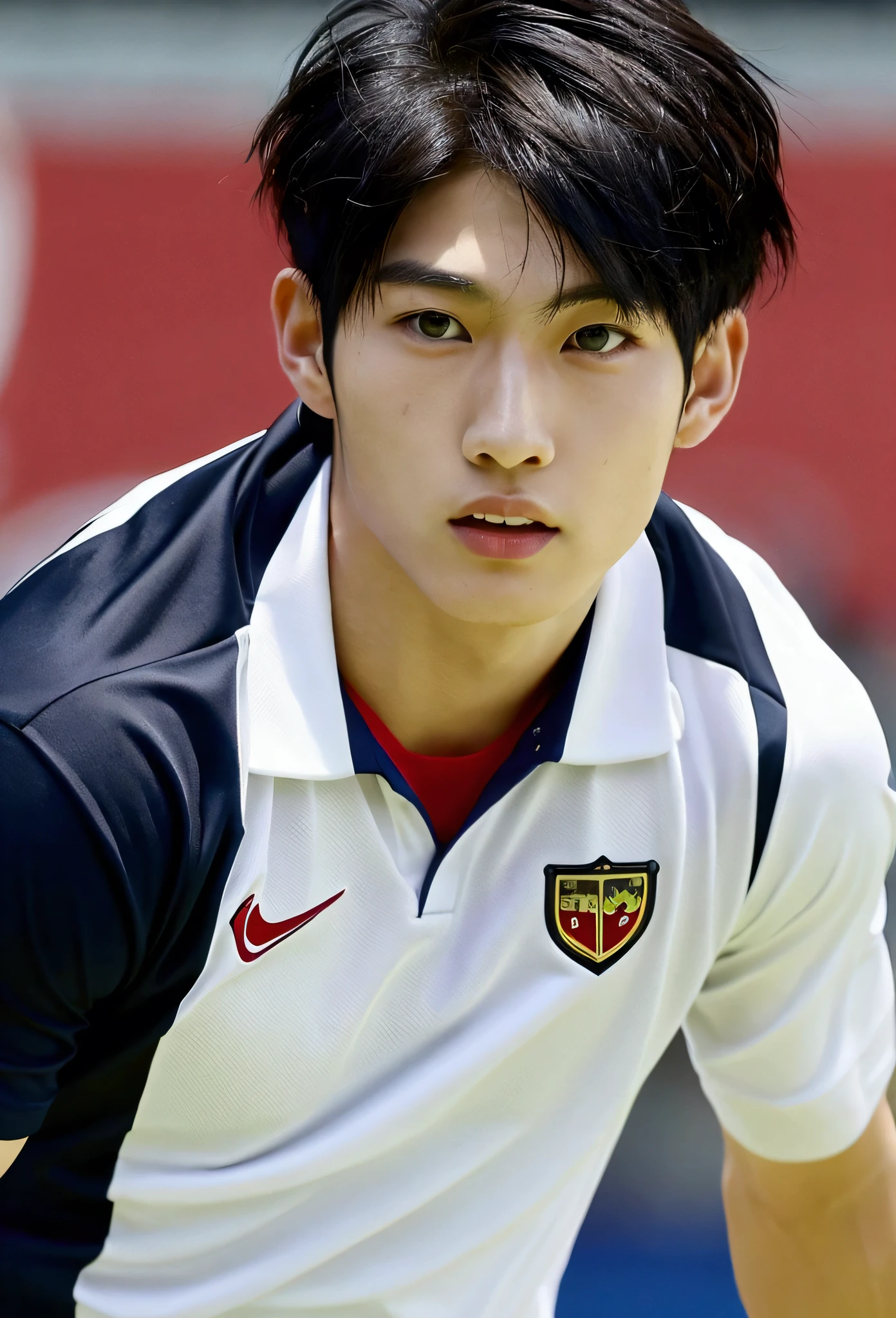 a guy with Asian features, black and red hair,cropped hair spike hair,His eyes are dark brown,Slim and agile, with well-defined muscles,He's wearing the team uniform , in navy blue colors ,Clear Skin,he is a soccer player,