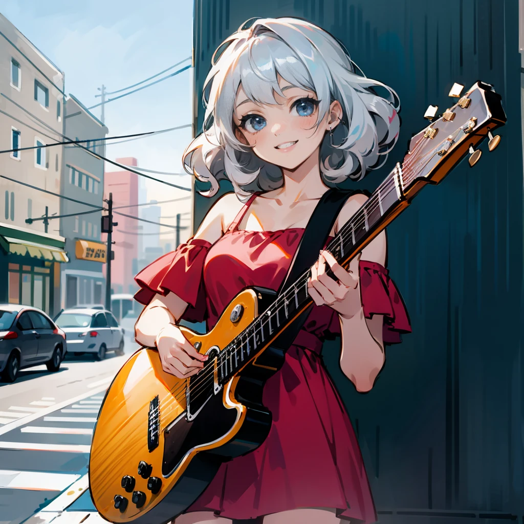 1female, Silver Hair, Red Sundress, Wavy Hair, White Flats, Casual Attire, Blue Eyes, Smiling, Lean, Musician, Young Female, City, Playing Guitar on a Sidewalk