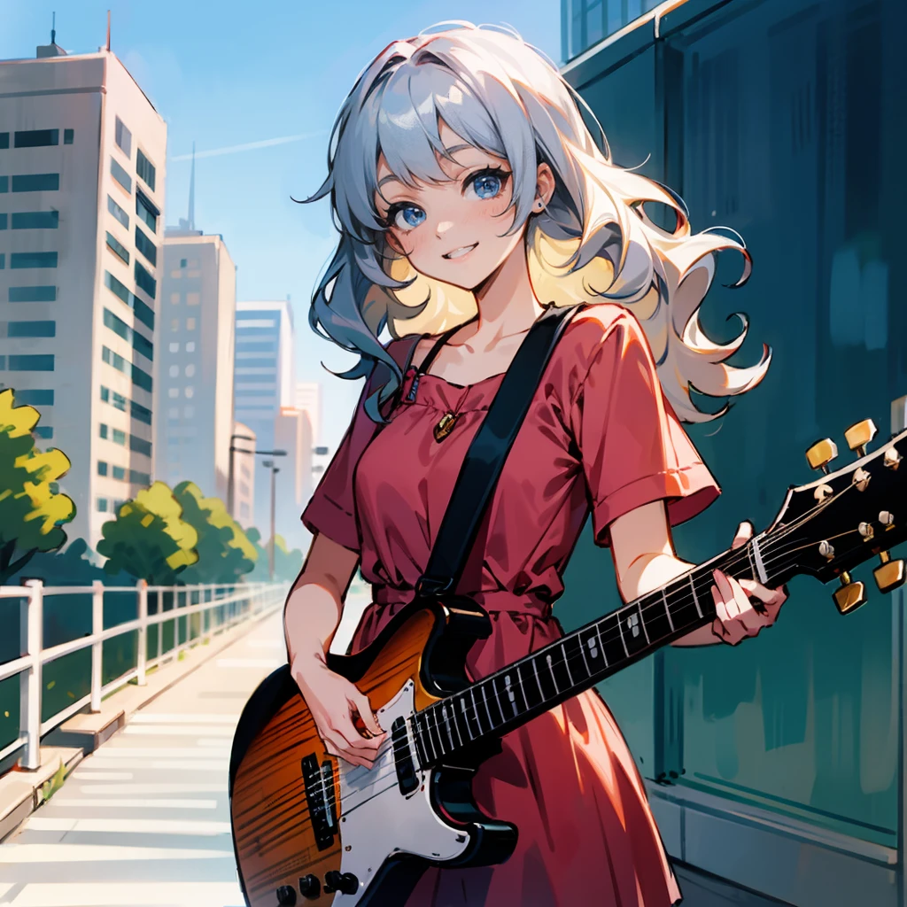 1female, Silver Hair, Red Sundress, Wavy Hair, White Flats, Casual Attire, Blue Eyes, Smiling, Lean, Musician, Young Female, City, Playing Guitar on a Sidewalk