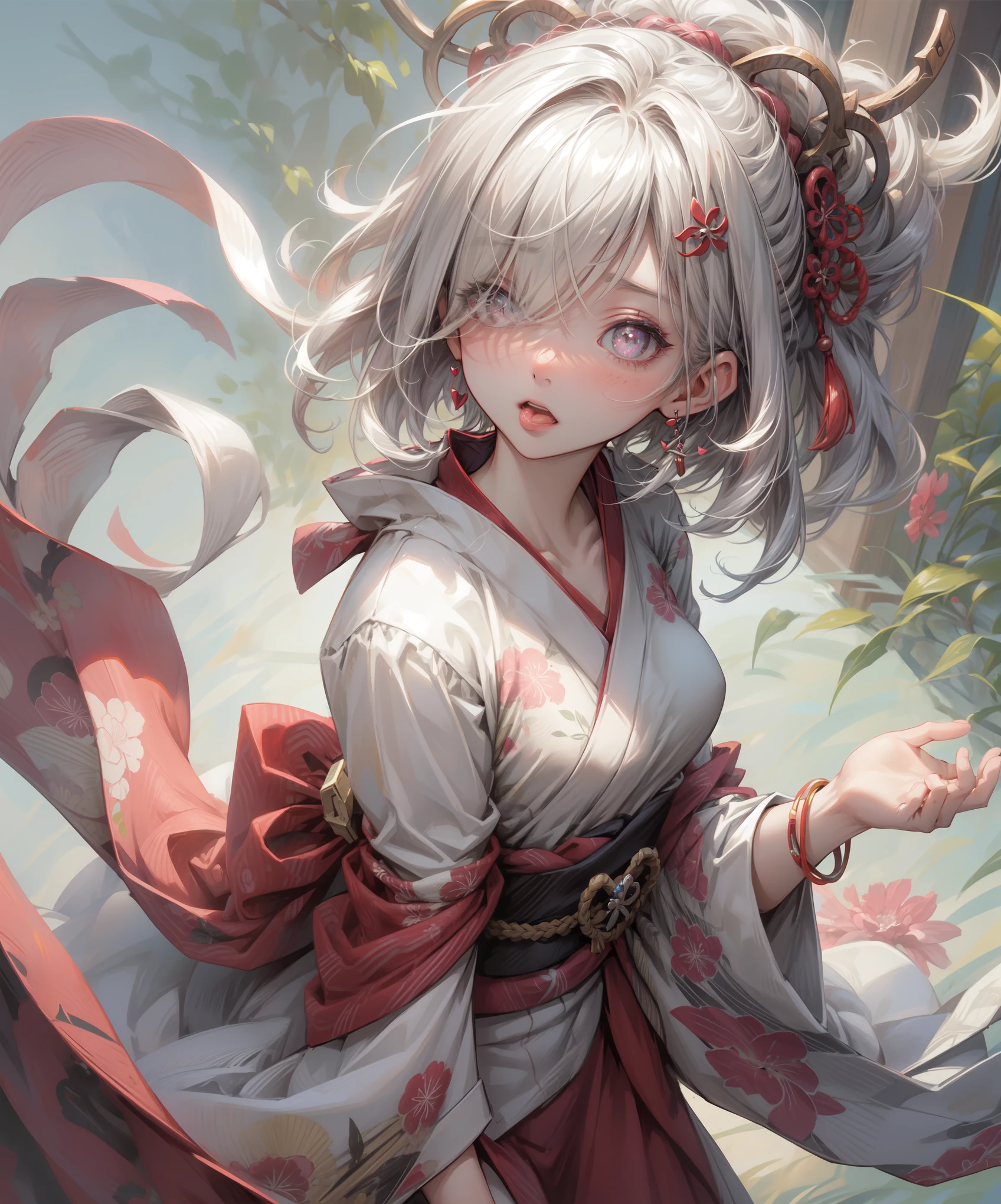 (Highest quality、High resolution、8k、masterpiece)。A Japanese-style room with a feel of the old days。Look away、Open your mouth、Pink Eyes、Silver Hair、Heart shaped pupil、teeth、tongue、tongueを出す、（Original Character, (1 Girl)、Perfect Face、((short hair:1.2))、(Hair above one eye:1.3)、[[Disheveled Hair]]、Detailed eyes that shine、Light and shadow、 ((High angle shot))、Full body、bracelet、necklace、Disheveled clothes、Follow the Silver Wolf、Edo Period、kimono、Shunga、Ukiyo-e、Show your back。Unhooking a bra from behind。Put your hands behind your back。