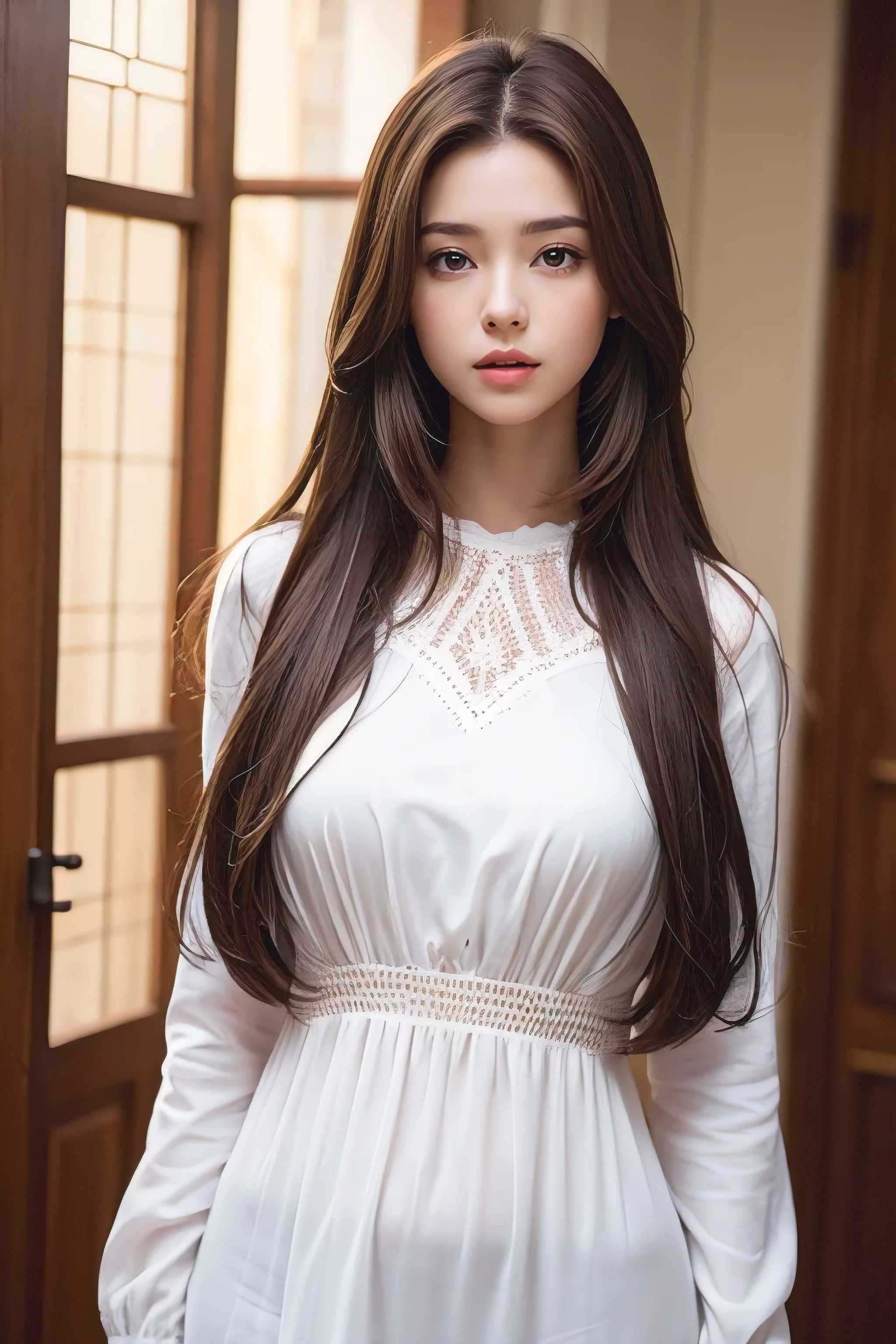 Highest quality, masterpiece, 8k, Ultra-high resolution, (Realistic: 1.4), 1 girl, Beautiful Face, Symmetrical eyes, big, Perfect Body Proportions, ((Long Hair))、((Brown Hair)), The viewer's gaze, (president'office、Blurred Background), Front view, Absolute area (1.3),A friendly smile、Seems kind、Cowboy Shot,((A flowing white mini dress adorned with intricate silver embroidery_Long sleeve_Thin:1.3))、shy smile、