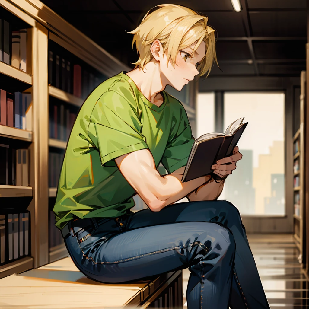 1male, Blonde Hair, Green T-shirt, Straight Hair, Black Jeans, Sneakers, Brown Eyes, Calm Expression, Tall, Scholar, Adult Male, Library, Reading a Book
