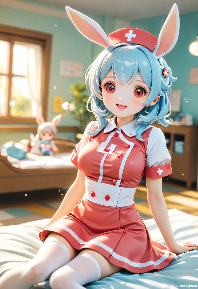 1girl, solo,thighhighs,smile, :d, sitting,open mouth, breasts, looking at viewer, blurry foreground, blush, depth of field, medium breasts, white thighhighs, ctwitter username, dutch angle, blurry,indoors,Nurse,Nurse uniform,Ward, bed,Hands behind your, Sigewinne (genshin impact),medium Breasts,red_eyes ,nurse,Bunny ears