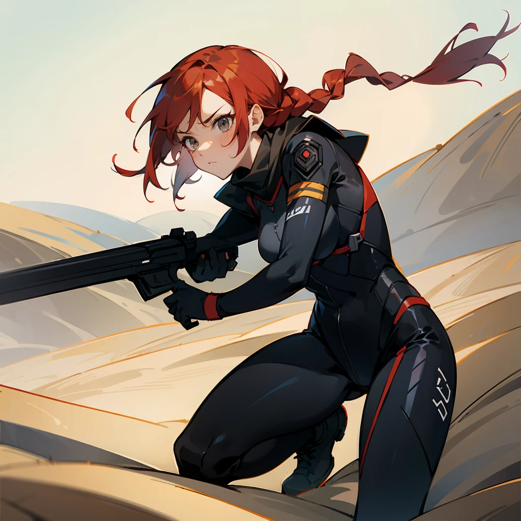 1female, Red Hair, Black Combat Suit, Braided Hair, Grey Scarf, Combat Boots, Hazel Eyes, Determined Expression, Athletic, Mercenary, Adult Female, Desert, Patrolling the Dunes