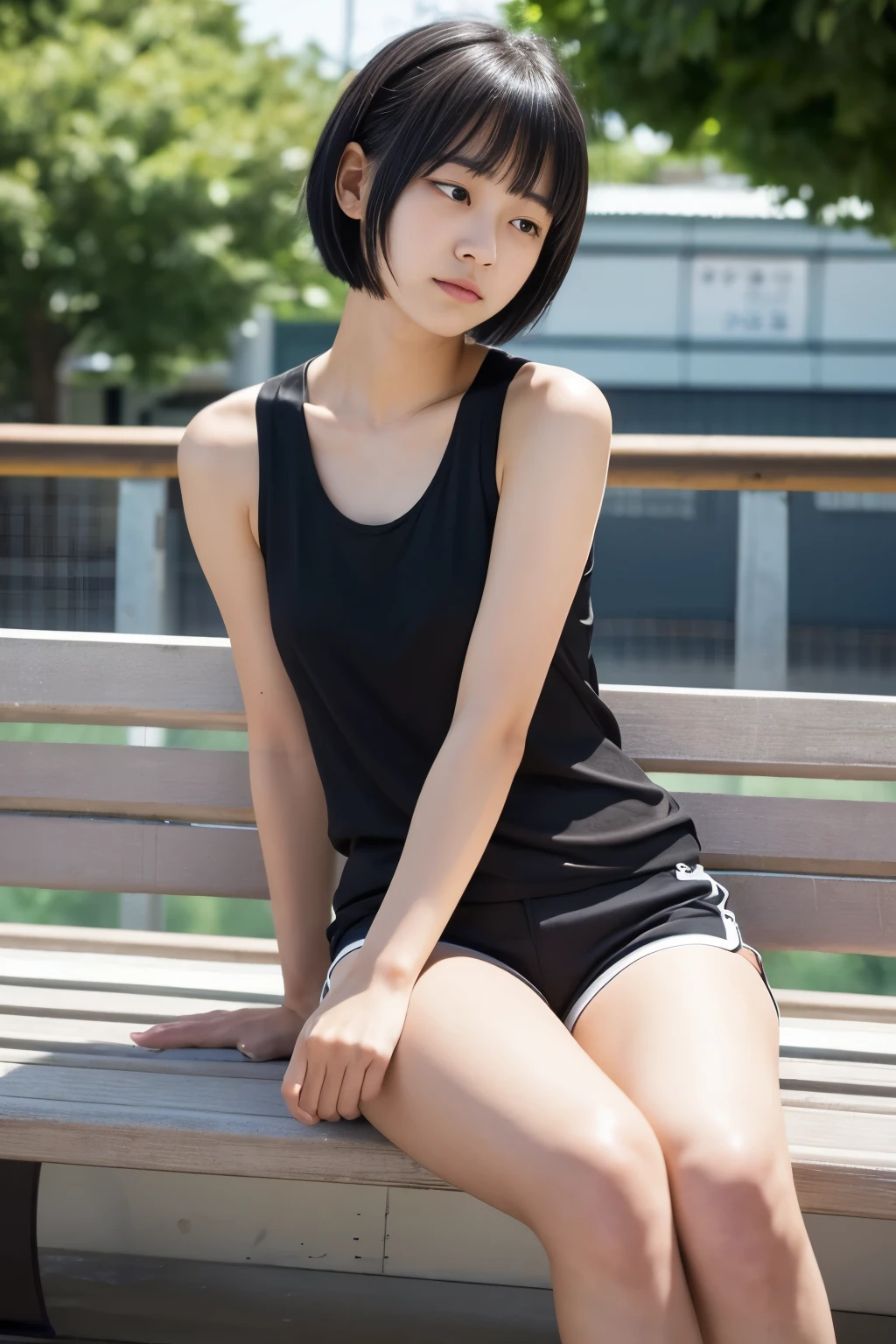 Dozing off on a bench on the station platform in midsummer、A young Japanese woman with short black hair wearing a black sleeveless high-neck top and white shorts