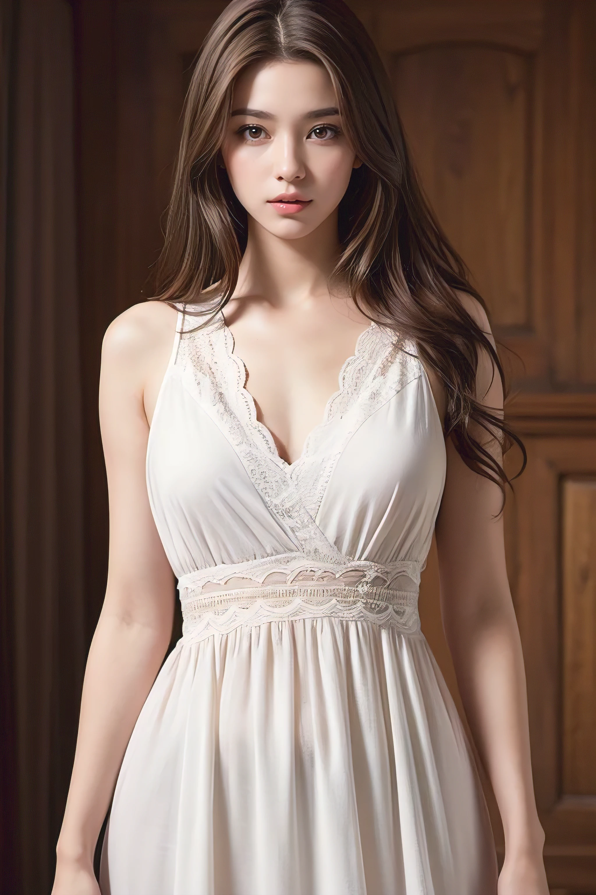 Highest quality, masterpiece, 8k, Ultra-high resolution, (Realistic: 1.4), 1 girl, Beautiful Face, Symmetrical eyes, big, Perfect Body Proportions, ((Long Hair))、((Brown Hair)), The viewer's gaze, (president'office、Blurred Background), Front view, Absolute area (1.3),A friendly smile、Seems kind、Cowboy Shot,((A flowing white mini dress adorned with intricate silver embroidery_Long sleeve_Thin:1.3))、((shy smile、Long straight hair_Hair reaching down to the waist:1.5))、