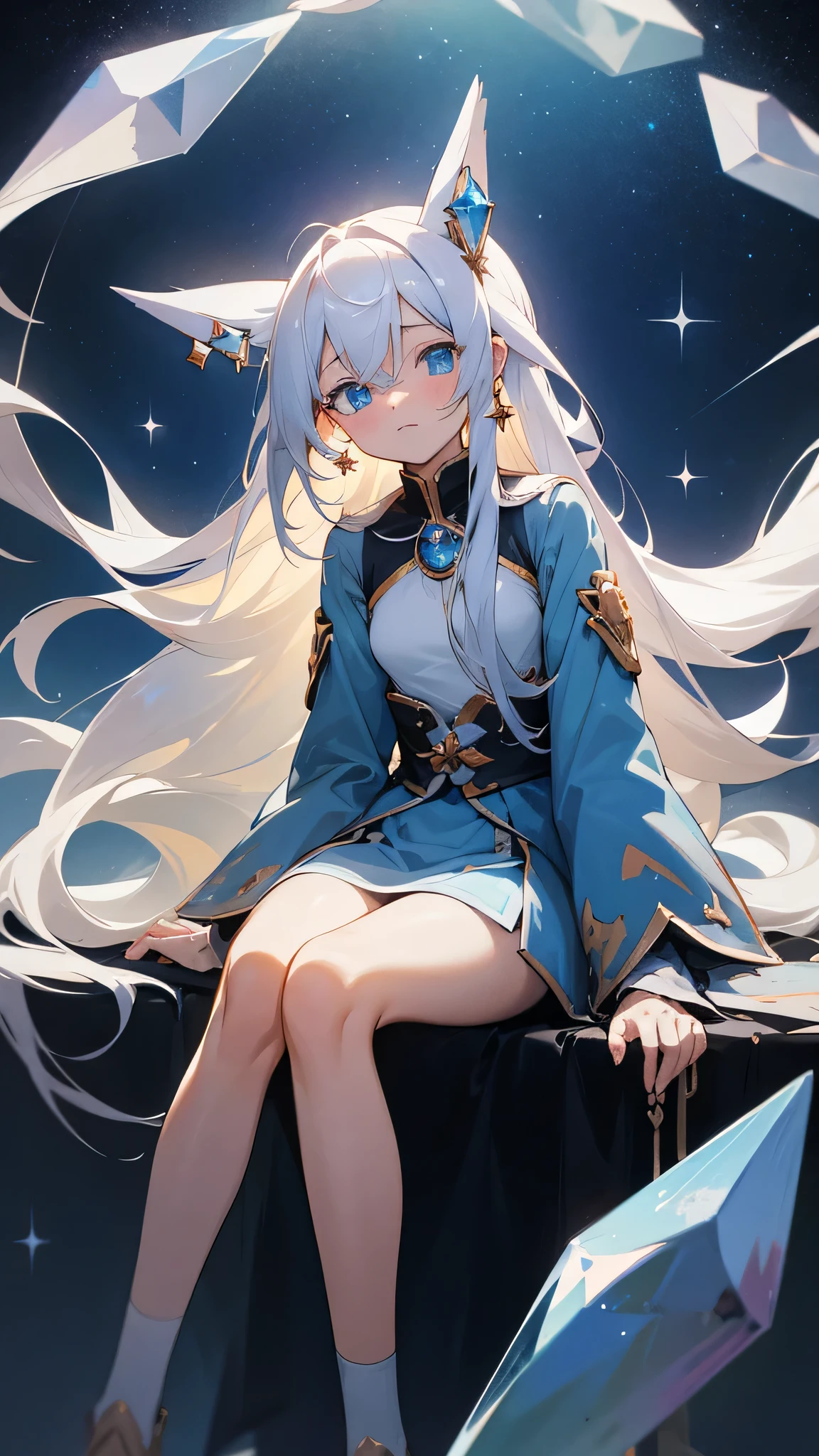 Anime Girl,White long hair,Blue Eyes,shy,cute,grace,Sitting dignifiedly,high resolution, masterpiece, Anatomically correct, Ultra HD, high quality,Crystal Earrings, Starry sky background