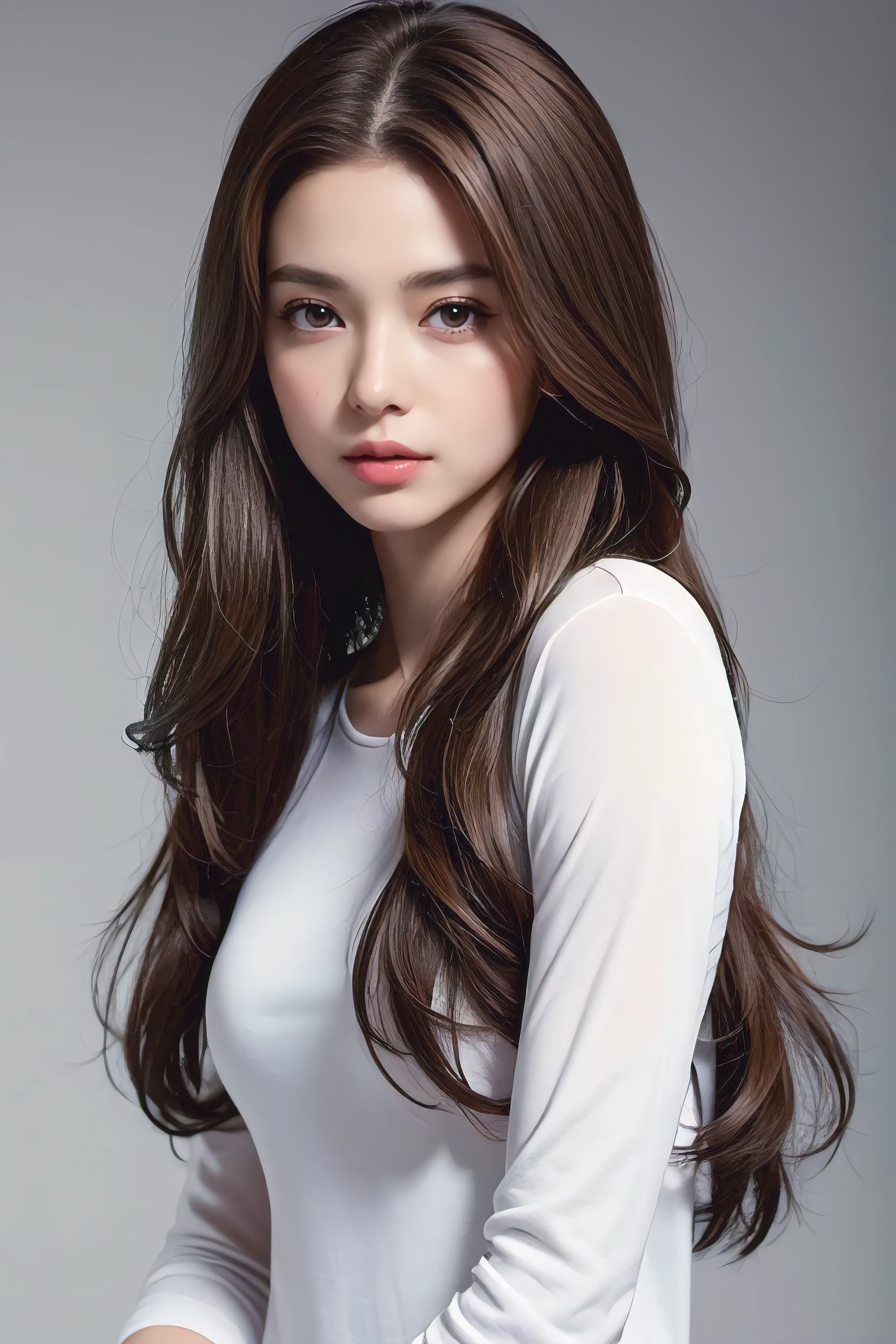 Highest quality, masterpiece, 8k, Ultra-high resolution, (Realistic: 1.4), 1 girl, Beautiful Face, Symmetrical eyes, big, Perfect Body Proportions, ((Long Hair))、((Brown Hair)), The viewer's gaze, Front view, Absolute area (1.3),A friendly smile、Seems kind、Cowboy Shot,((white long sleeve button up blouse_brown pleated mini skirt:1.3))、((shy smile、Long straight hair_Hair reaching down to the waist:1.5))、