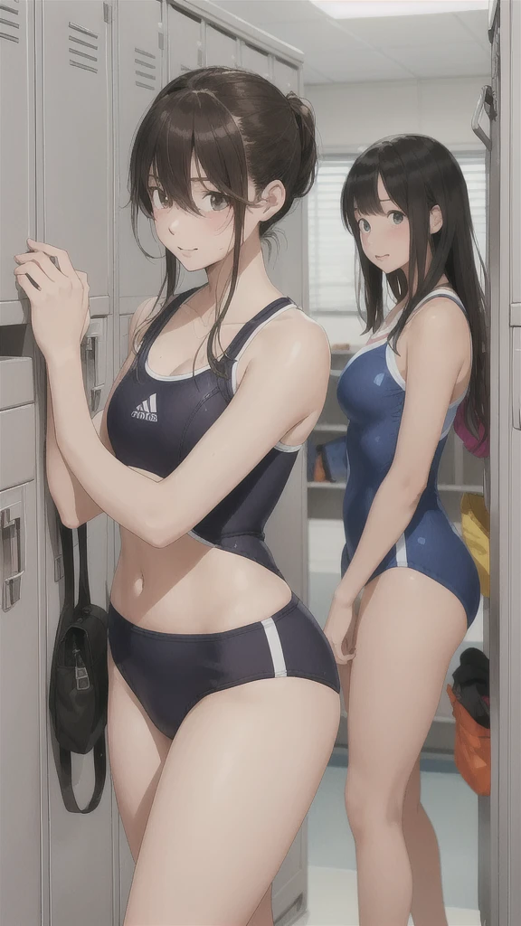 In the high school locker room，Several high school girls are changing into swimsuits