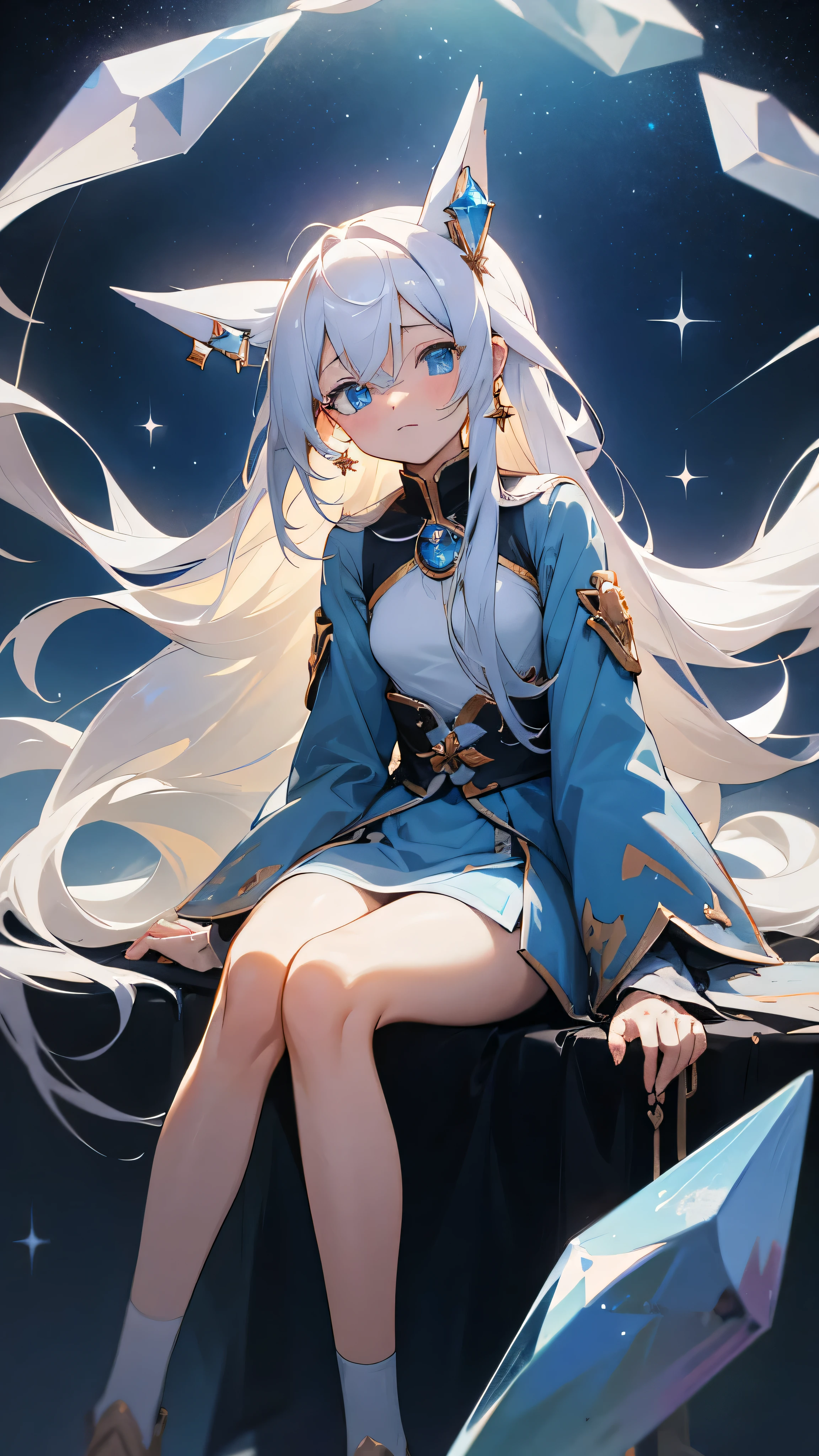 Anime Girl,White long hair,Blue Eyes,shy,cute,grace,Sitting dignifiedly,high resolution, masterpiece, Anatomically correct, Ultra HD, high quality,Crystal Earrings, Starry sky background