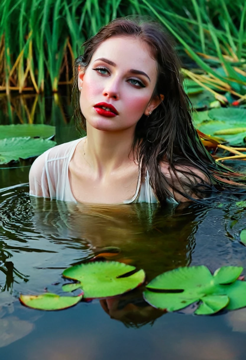 (best quality,highres:1.2),ultra-detailed,(realistic:1.37),portrait,forest-green color palette,soft lighting,a tragic atmosphere,swamp reflections,emotional,dreamlike,subtle shadows,tangled hair,refraction effects,raindrop texture,dramatic mood,longing,pond,soft focus,falling leaves,sadness,stillness,submerged,desperate eyes,crimson lips,rustling grass,foggy background,lonesome,open space,graceful posture,water lilies,peaceful,searching for hope,serenity,hopelessness,delicate features,whispering winds.