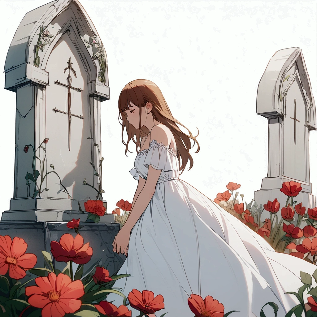 Red flowers, woman in a white dress, brown hair, grave, plain beige background, simple