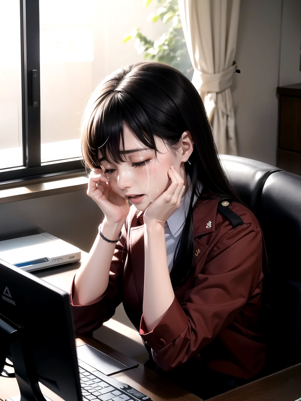 28-year-old Japanese woman,((alone))((A female bank employee in uniform is crying and holding her head with both hands))((Inside the bank'Kitchen))(非常にdetailedな肌)(Beautiful female body)(((Rear View)))(美しいBig Breasts)(Big Breasts)(Pale skin)(Pointed Chest),(Erect nipples)(Best image quality)(Surreal portrait),(8k),(Ultra-realistic,最high quality, high quality, High resolution)(high quality texture)(Attention to detail)(Beautiful details)(detailed,Extremely detailed CG,detailed Texture)(Realistic facial expressions,masterpiece,in front,dynamic,bold),(((short pixie cut))),(Very thin hair)(Super Straight Hair:1.5)( sleek bangs,Very light coppery amber hair,Hair in one eye)(((She is giving a speech in front of the other employees...)))(((The butt is facing the viewer)))(((Accentuate your butt、arched back)))((((In the hot water room))) (((Stick your butt out))) (((Accentuate your butt crack))) (((She is spreading her legs boldly))) (((The lines of the body are clearly visible)))、(((Depiction of beautiful fingers))) (((Beautiful body depiction))) (((Leaning forward)))、(((Full body photo))) (((Correct ankle orientation)))(((Correct number of legs))) (((Accurate Body Composition))) (((正確な後ろからのFull body photo)))(((Exact number of hands)))