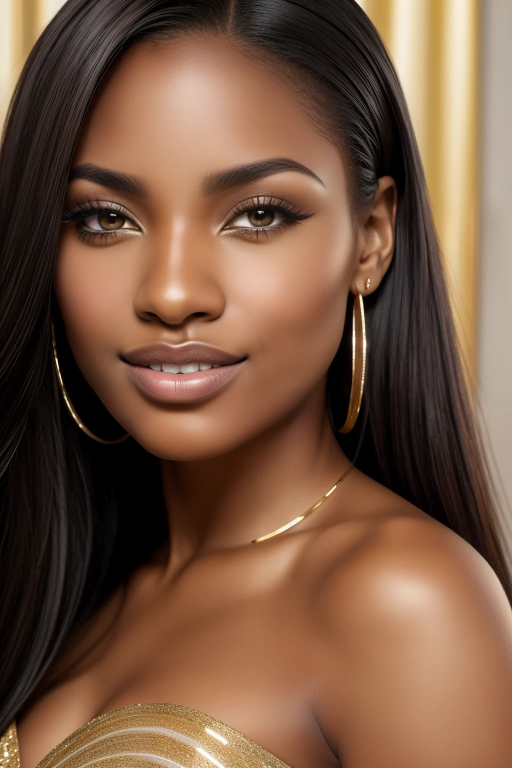 High resolution photo frontal portrait of a radiant black woman, Gabriela, showcases her classically beautiful face with delicate, feminine features. Her most striking attributes are her long, straight flowing black hair that cascades down her back, resembling a waterfall of ebony silk. Her captivating honey-colored eyes, adorned with long, dark eyelashes, hold a captivating gaze, with warm, light brown irises that sparkle with flecks of gold.
Gabriela boasts high, sculpted cheekbones, a small, straight nose, and full, pouty lips that curve into a genuine smile, revealing perfectly shaped and groomed eyebrows. Her