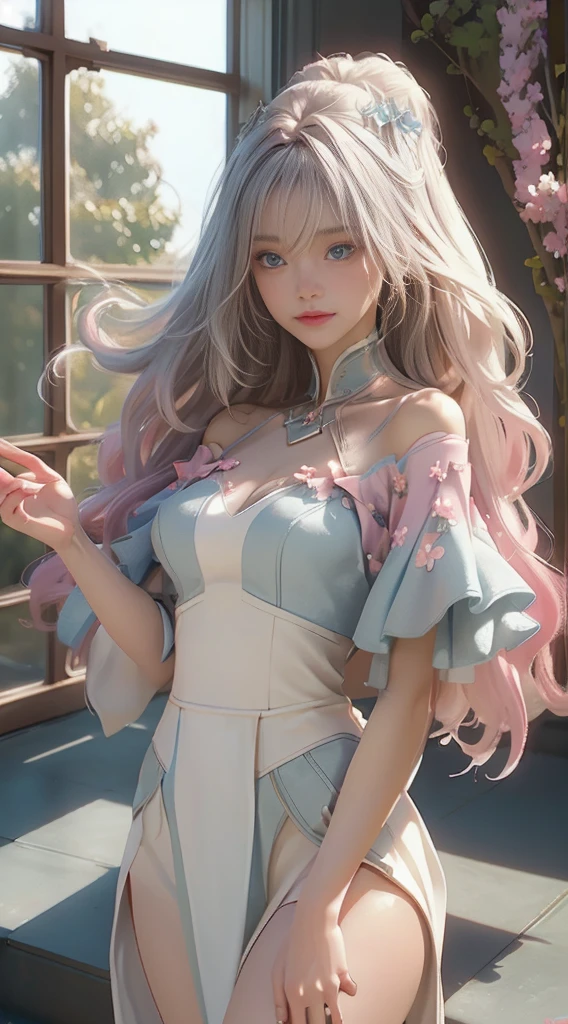 （（best qualtiy））， （（tmasterpiece））， （detail：1.4）， Beautiful cyberpunk female images，hdr（HighDynamicRange），Ray traching，NVIDIA RTX，Hyper-Resolution，illusory 5，sub surface scattering，PBR textures，post-proces，Anisotropy Filtering，depth of fieldaximum definition and sharpnesany-Layer Textures，Albedo e mapas Speculares，Surface coloring，Mitsu-Accurate simulation of material interactions，perfectly proportioned，rendering by octane，Two-colored light，largeaperture，Low ISO，White balance，Rule three points、8K raw data、Beautiful bright blue pupils，off-the-shoulder clothes，Fine pupils，Delicate face and eyes，long eyelasher，Blushlush，Delicate and fluffy hair，pink lip，Pure，Cute face，Sweet girl，Artistic sense，Casual wear，Advancedsense，butterflys，Cherry blossom petal，Beautiful hair accessories，Long hair and waist，Hair fluttering in the wind，Snow-white fox ears，curlies，Snow-white fluffy tail，Positive light，The light from the back window is backlighted