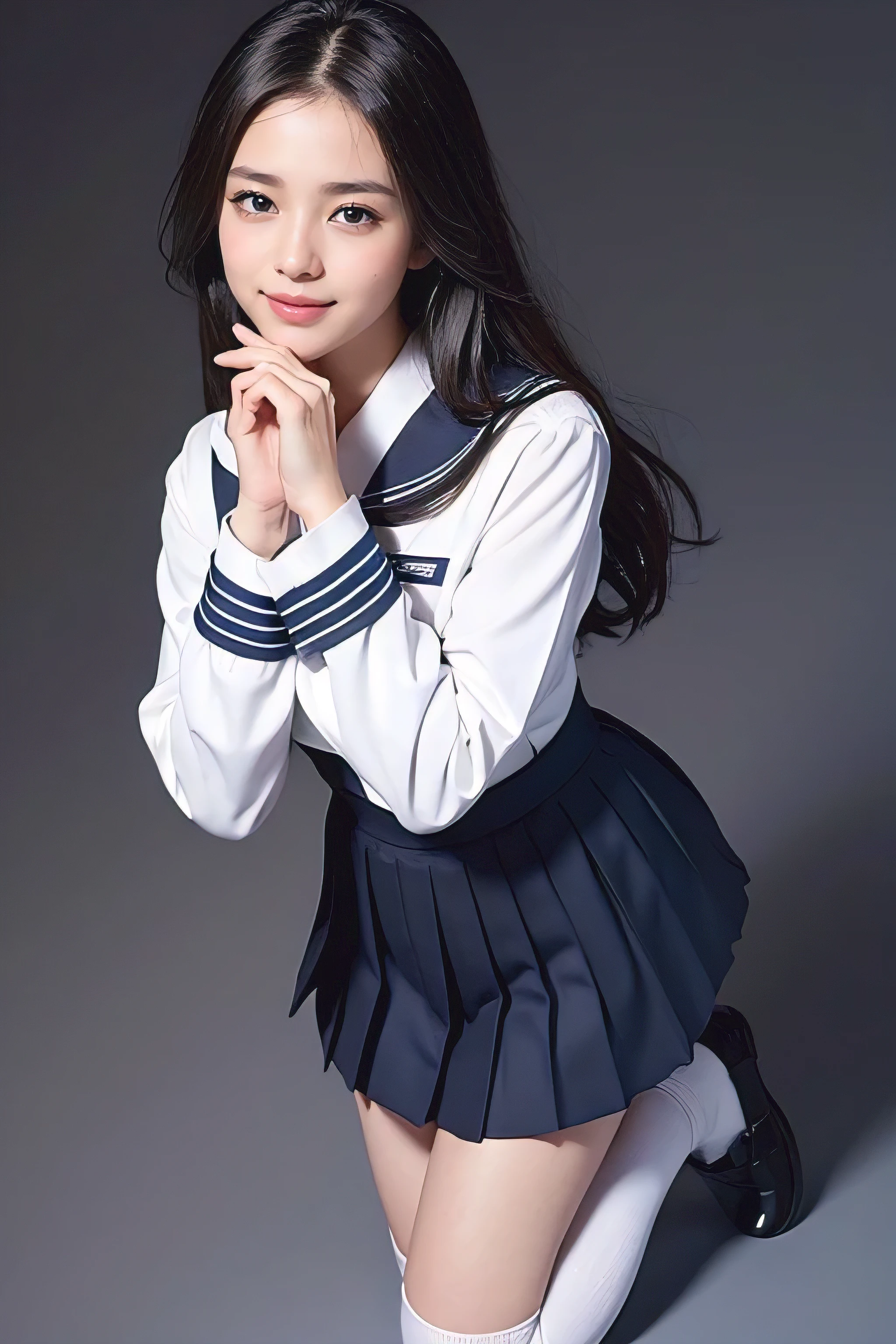 (masterpiece:1.3), high resolution, ultra detailed, extremely detailed CG unity 8k wallpaper, realistic, photo-realistic, RAW photo, beautiful detailed face, pale skin, realistic glistening skin, detailed cloth texture, detailed hair texture, Perfect body, Beautiful Face, accurate, Anatomically correct, Highly detailed face and skin texture, natural neck length, (beautiful hands), (fair skin:1.2), Thin legs, Thin feet, Detailed eyes, symmetric eyes, Light Brown eyes, Double eyelids, Thin eyebrows, (Glossy lips:1.4), ((gently smile:1.2)), (blush:1.1), (A Classy and Cute girl:1.3),fullbody shot、 ((full figure supermodel standing, entire body in frame))((wearing student clothes、Long sleeve sailor suit worn by Japan 、blue cuffs、Dark blue mini pleated skirt, white socks、Black loafers:1.3))、((Place your left hand gently on your chin:1.3))((From an oblique angle above:1.5)),