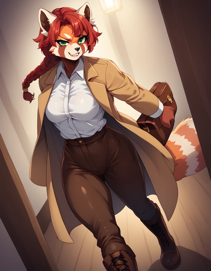 Solo, Score_9, score_8_up, score_7_up, kemono style, Kimiko, An Anthro furry red panda girl, red furry body, red panda tail, , black nose, red hair, braided hair, grinning with teeth, opened dress shirt , brown pants form fitting, satchel around hip leather, brown low cut boots, wooden fantasy town, warm lighting, inside, front angle, impish smirk, majestic, front view, emerald green eyes, looking forward, long legs, muscular toned arms and legs, ass jiggle, athletic muscular ass, long coat to legs, trench coat, walking towards viewer, determined.