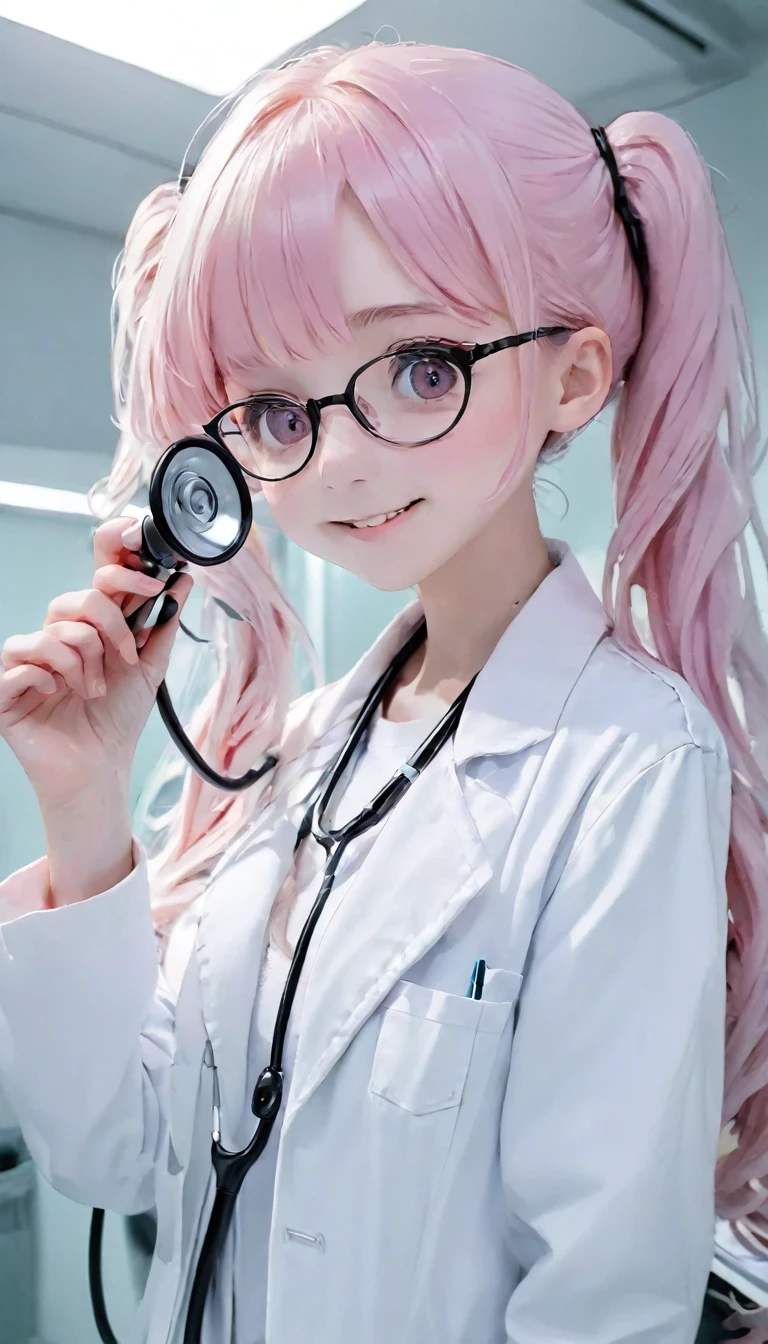 Highest quality、masterpiece、One Girl、22 years old、White skin、Wicked Smile:0.8、Open your mouth、Sharp teeth、Pink Hair。Twin tails、Hair Clip、big hair clip、Cute Hair Clips、Grey Eyes、Small red cheeks and nose、break、美人看護師 holding a Stethoscope in hers hand, with a Stethoscope, doctor, medical doctor, Female doctor, (doctor), Health management worker, Stethoscope, Medical Imaging, Stethoscope!, Medical Photography, Wearing a white coat and glasses, Clean medical environment, Wearing a white coat, doctors mirror, Wearing a white coat, Health management, 