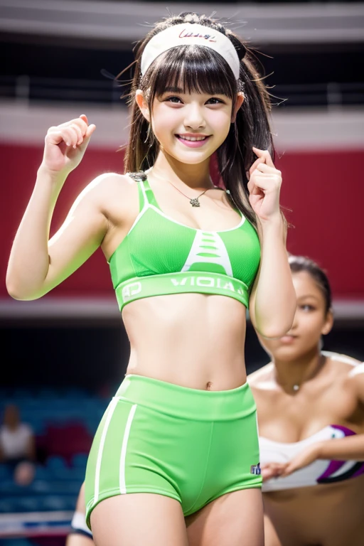 (((Highest quality))) ((masterpiece)) ((Real beautiful girl)) Talented Girl (Cute face) clear ((Ba Appearance like an idol Mini spats Sports Bra Arena Beautiful thighs smile Creating Bangs