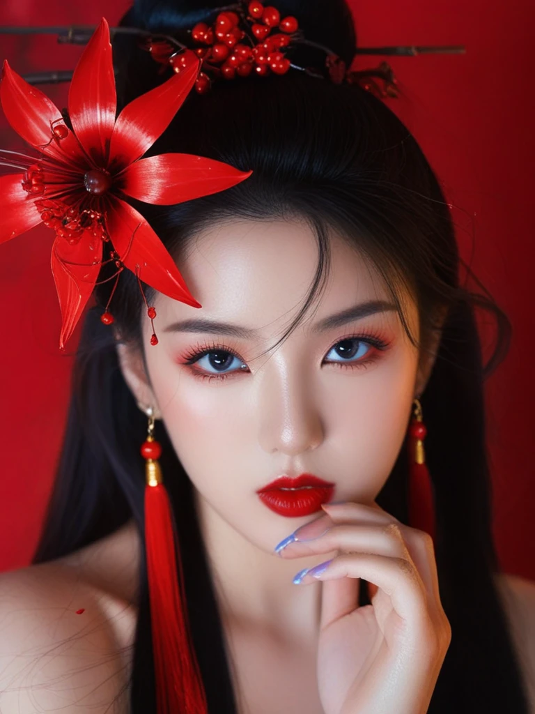 arien photography,chinese art photography,1girl,solo,hair ornament,black hair,jewelry,earrings,holding,red flower,looking at viewer,long hair,spider lily,red lips,black eyes,makeup,portrait,eyelashes,lips,lipstick,hair flower,blue eyes,tassel,upper body,parted lips,