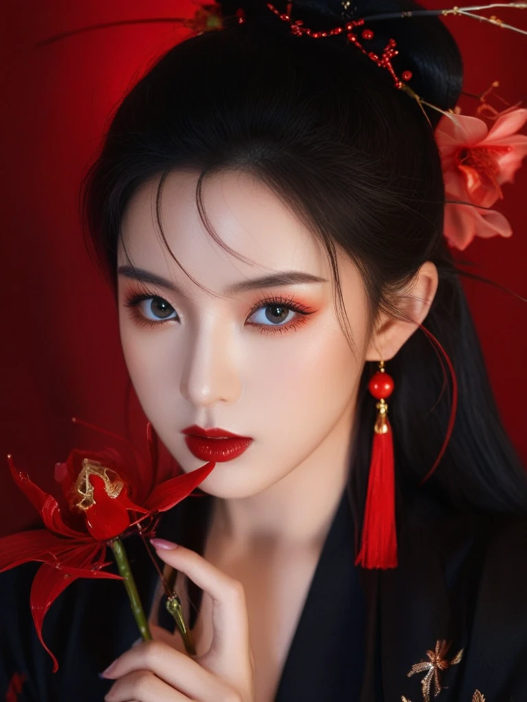 arien photography,chinese art photography,1girl,solo,hair ornament,black hair,jewelry,earrings,holding,red flower,looking at viewer,long hair,spider lily,red lips,black eyes,makeup,portrait,eyelashes,lips,lipstick,hair flower,blue eyes,tassel,upper body,parted lips,
