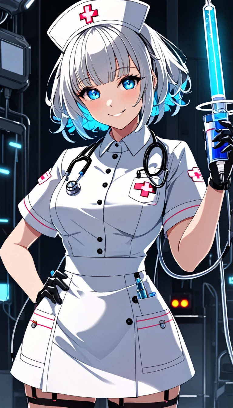 cool and cute nurse mecha robot with streamlined form, large syringe, drip, stethoscope, blue LED lighting eyes, smiling, wearing nurse uniform, black garter stockings, can do anything, 2.5D, delicate and dynamic, special effects