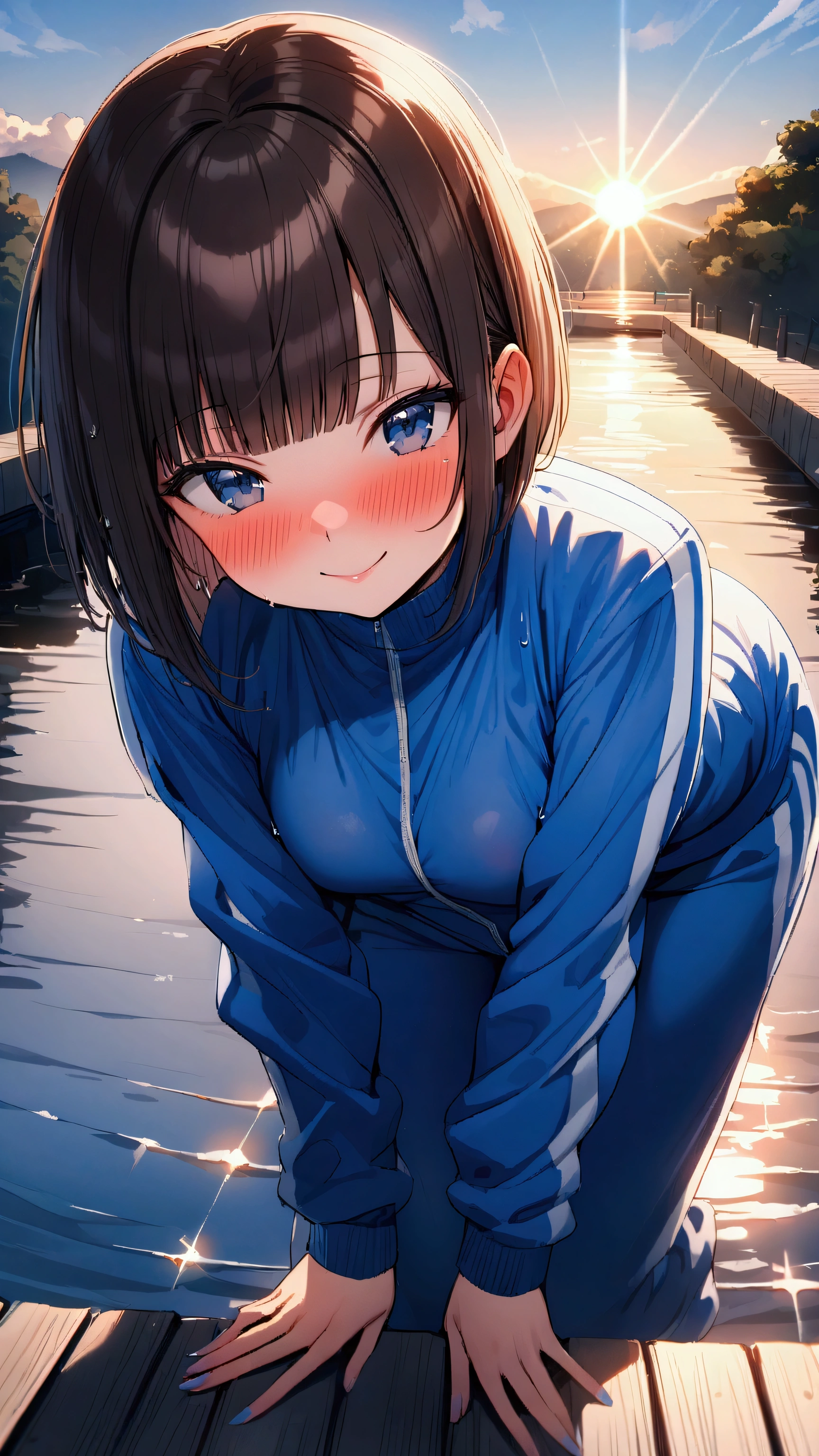 masterpiece, Highest quality, Ultra-high resolution, (beautiful girl: 1.3), Brown Hair, (((Sharp bob))),Looks about 、 (Blue sweatpants: 1.4), (The jacket is a blue track jacket.: 1.4), Rear View、The setting sun is dazzling in the waterway、Wet、(Embarrassing: 1.2), (blush: 1.4),smile、Focus on a very big, round and beautifully shaped ass、Splash,(leaning forward:1.5),(((peace sign)))