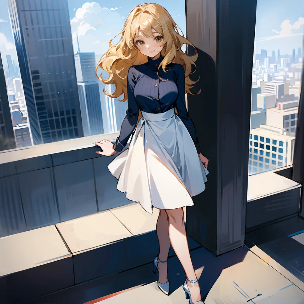 1female, Blonde Hair, Blue Fitted Dress, Wavy Hair, White Heels, Casual Attire, Brown Eyes, Smiling, , Corporate Spy, Adult Female, Skyscraper Rooftop, Standing by the Edge