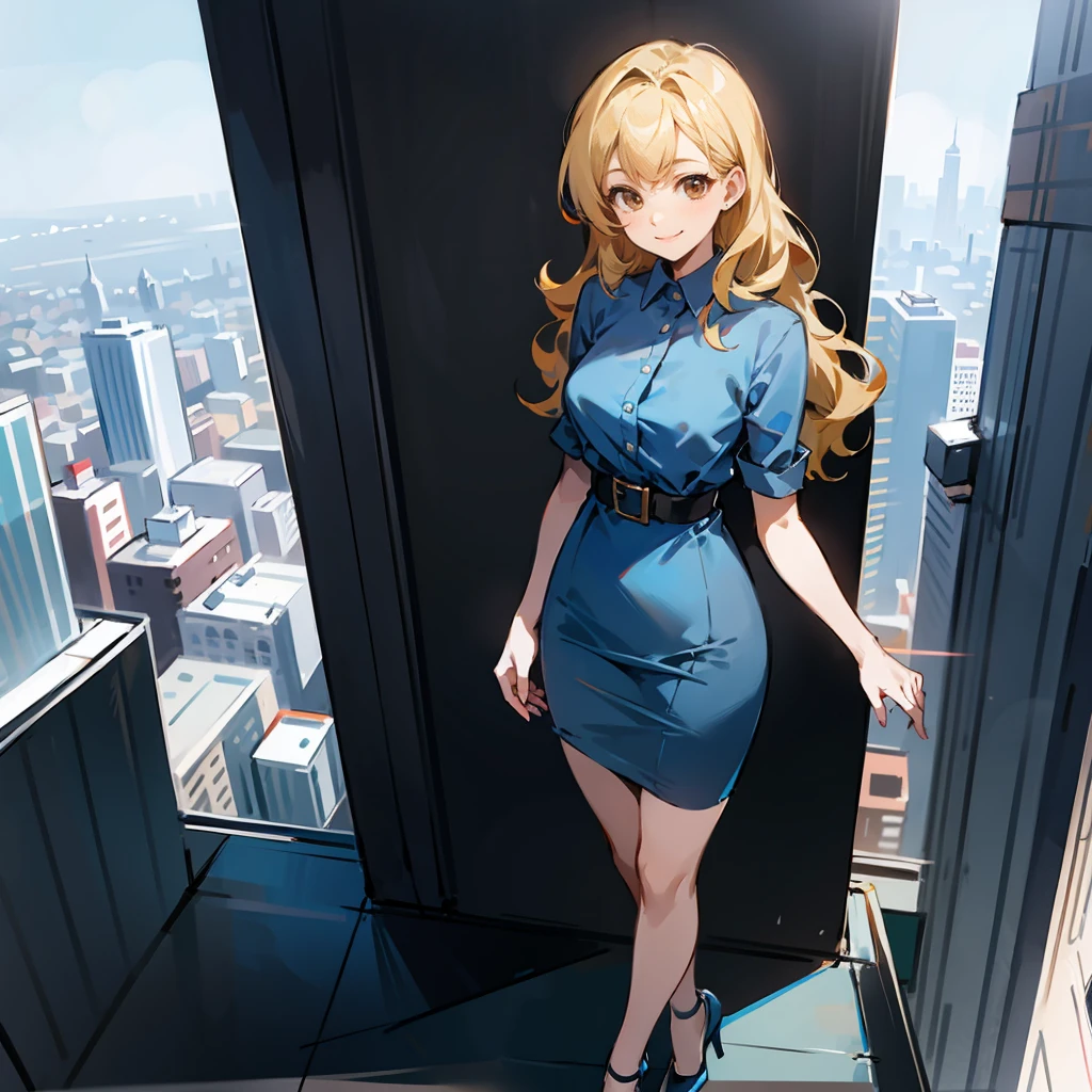 1female, Blonde Hair, Blue Fitted Dress, Wavy Hair, White Heels, Casual Attire, Brown Eyes, Smiling, , Corporate Spy, Adult Female, Skyscraper Rooftop, Standing by the Edge