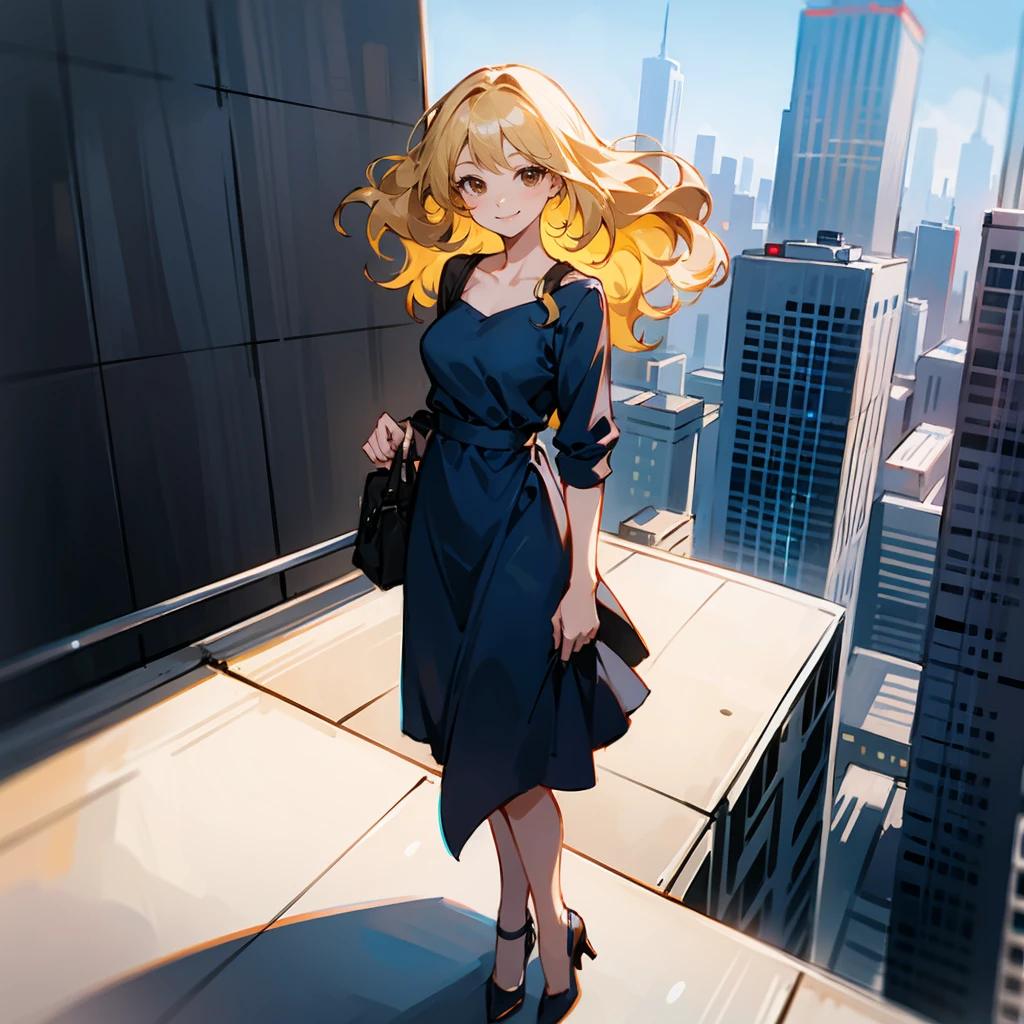 1female, Blonde Hair, Blue Fitted Dress, Wavy Hair, White Heels, Casual Attire, Brown Eyes, Smiling, , Corporate Spy, Adult Female, Skyscraper Rooftop, Standing by the Edge
