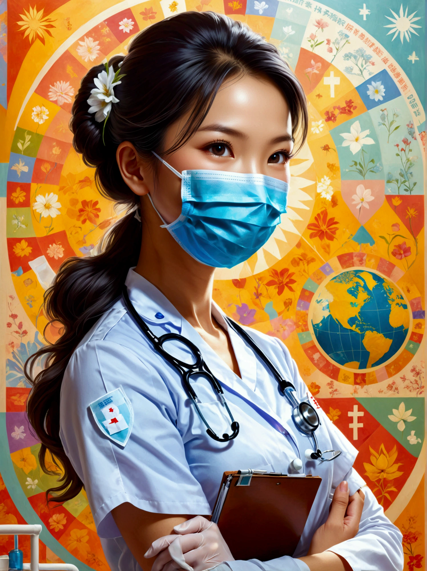 A scene in honor of International Women's Day featuring a nurse. The nurse is an Asian woman, standing bravely with a mask and glove, symbolizing the frontline workers during the global pandemic. She wears a traditional white uniform, her hair is neatly tied back, and she has a compatible stethoscope around her neck. In her hand is a clipboard, indicating her duty to monitor the health of patients. The background is filled with symbols of womanhood and empowerment, including the international women's day logo, and a globe representing global unity and support for women's rights.