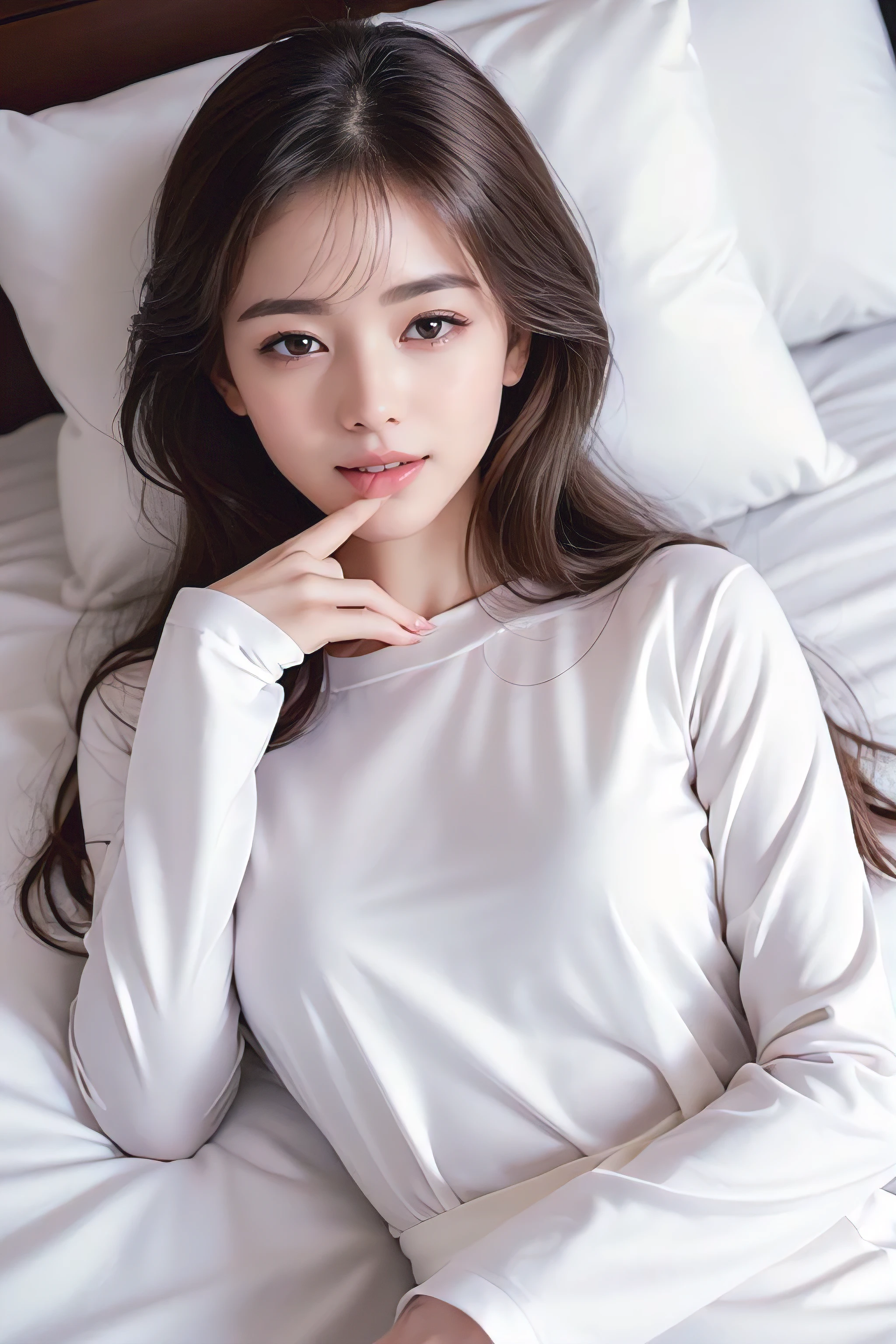 (masterpiece:1.3), high resolution, ultra detailed, extremely detailed CG unity 8k wallpaper, realistic, photo-realistic, RAW photo, beautiful detailed face, pale skin, realistic glistening skin, detailed cloth texture, detailed hair texture, Perfect body, Beautiful Face, accurate, Anatomically correct, Highly detailed face and skin texture, natural neck length, (beautiful hands), (fair skin:1.2), Thin legs, Thin feet, Detailed eyes, symmetric eyes, Light Brown eyes, Double eyelids, Thin eyebrows, (Glossy lips:1.4), ((gently smile:1.2)), (blush:1.1), (A Classy and Cute girl:1.3),fullbody shot、((white long sleeve ネグリジェ:1.5))、((in a hotel bed_Lying_Are sleeping_mouth slightly open_I have my eyes open a little_Trance_pleasure_sigh:1.4))