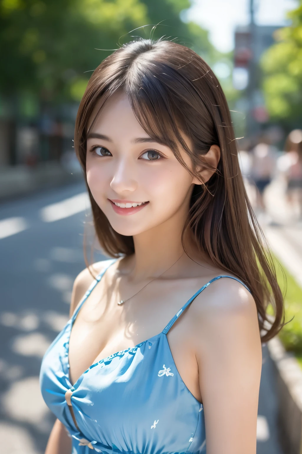 Tabletop, Highest quality, figure, Very detailed, In detail, High resolution, 8k wallpaper, Perfect dynamic composition, Beautiful attention to detail, looking at viewer,light blue Summer Dresses,Dark brown Medium Hair, Natural color lip, Random sexy poses,smile,Aoyama Street Walk、22-year-old girl、cute