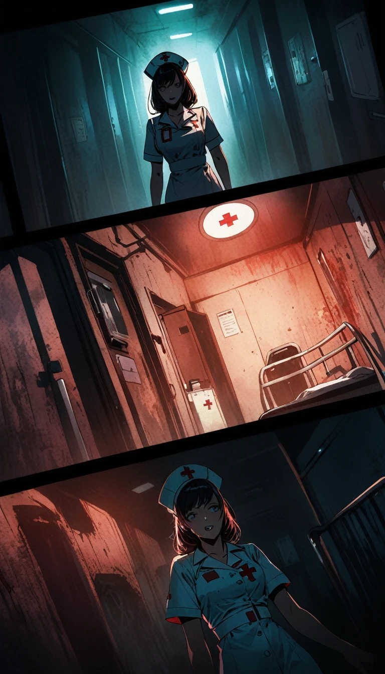 a cowboy shot in a dutch angle, comic book style nurse, horror, bad nurse, spooky nurse creepy nurse , antihero nurse, detailed face, intricate details, dramatic lighting, moody colors, cinematic composition, intense atmosphere, gritty textures, stylized rendering, digital painting, masterpiece