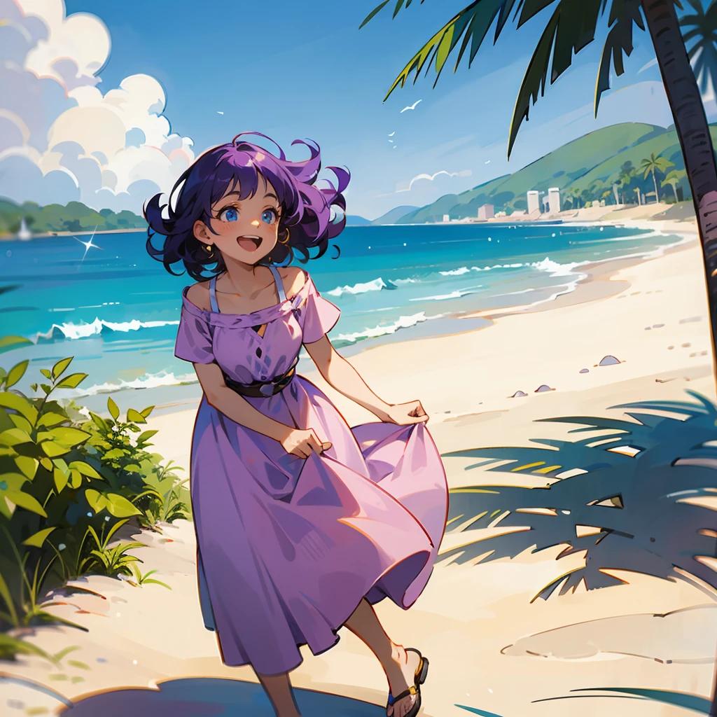 1female, Purple Hair, Pink Summer Dress, Curly Hair, Yellow Sandals, Casual Attire, Blue Eyes, Laughing, Lean, Explorer, Young Female, Beach, Collecting Seashells