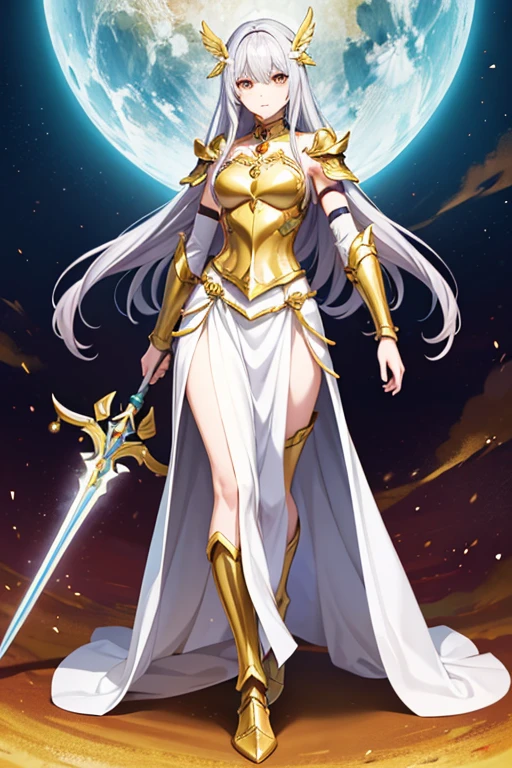 Anime Art、Full body portrait、Warriors in fantasy worlds、1A tall woman, about 170cm tall and about 34 years old, wearing a golden breastplate and shoulder armor and a long white skirt reaching down to her ankles, walking with a long spear in her hand.、Hair is semi-long、Silver Hair、Expressionless、Golden Eyes、Arm guard、Leggers、Wearing a helmet with wing-shaped ornaments、Flat chest