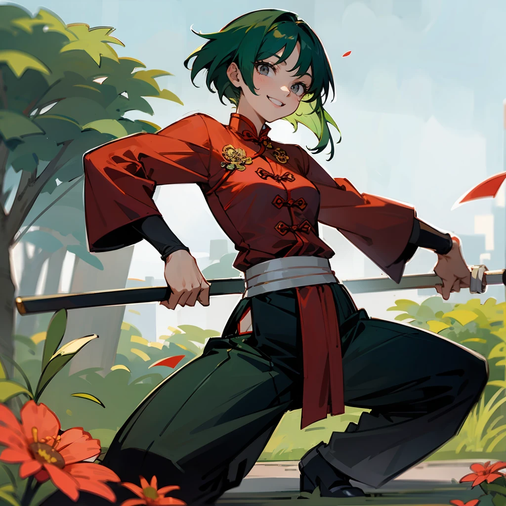 1female, Green Hair, Red Cheongsam, Straight Hair, Black Flats, Traditional Attire, Grey Eyes, Smiling, Athletic, Martial Artist, Adult Female, Garden, Practicing Tai Chi