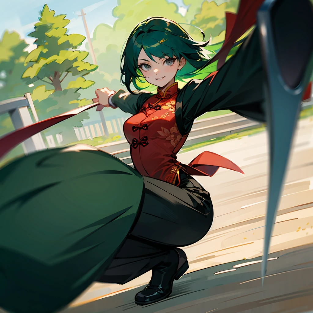1female, Green Hair, Red Cheongsam, Straight Hair, Black Flats, Traditional Attire, Grey Eyes, Smiling, Athletic, Martial Artist, Adult Female, Garden, Practicing Tai Chi