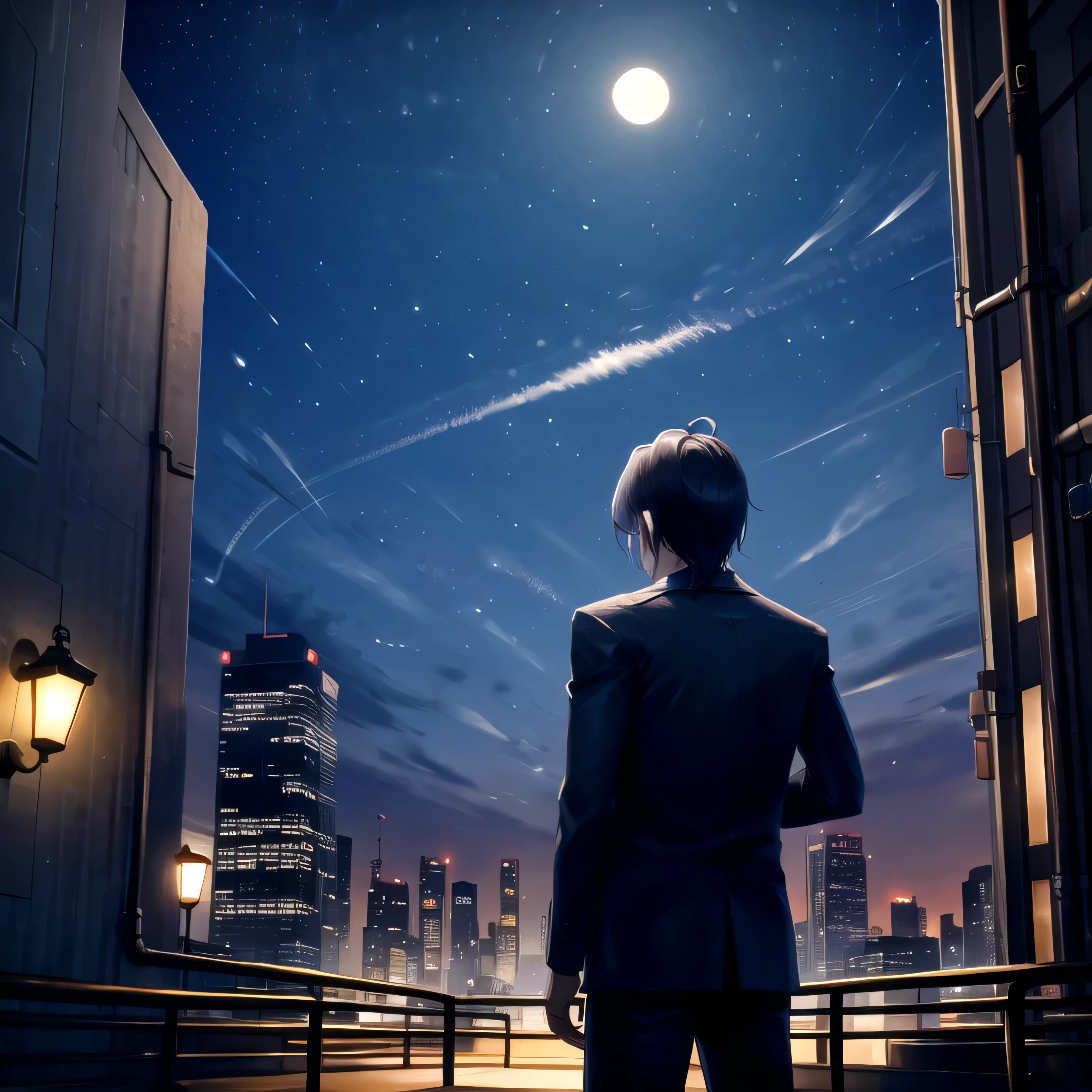 1guy, outdoors, cityscape, neon city, night, night sky, looking at viewer, from back, moon

