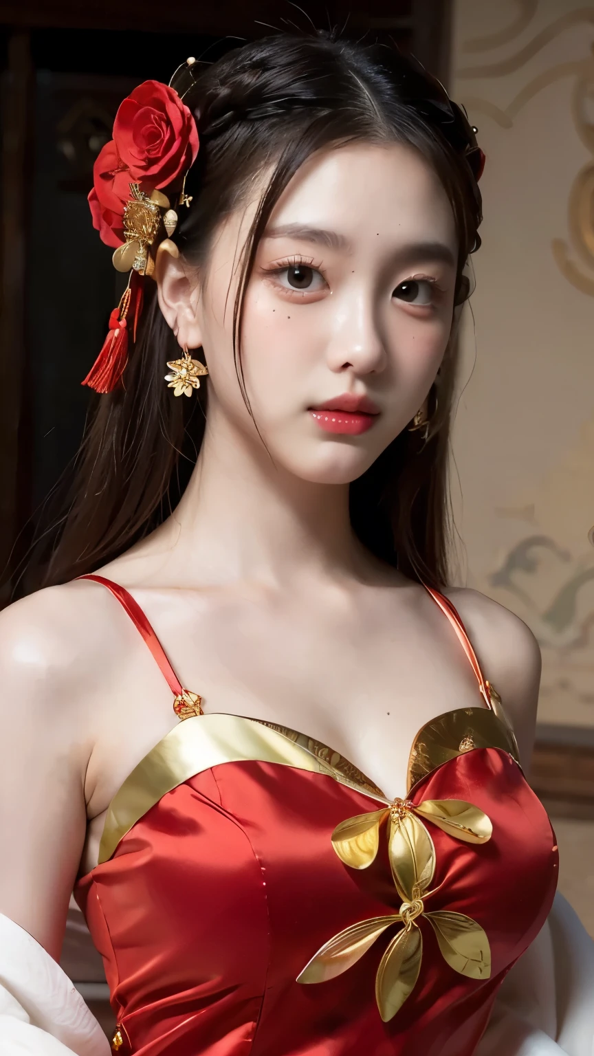 1girl,upper body,fashi-girl,china dress,chinese clothes,hair flower,(masterpiece:1.4),(best quality:1.4),(shiny skin),red lips,looking at viewer,large breasts,parted lips