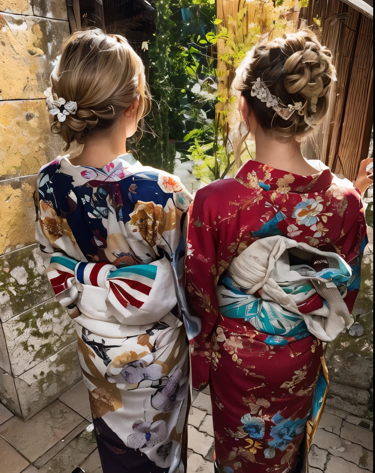 ((Highest quality)), ((masterpiece)), (detailed), (((back of head))),(Blonde),(yukata),Updo,Beautiful hair ornaments,Japanese women