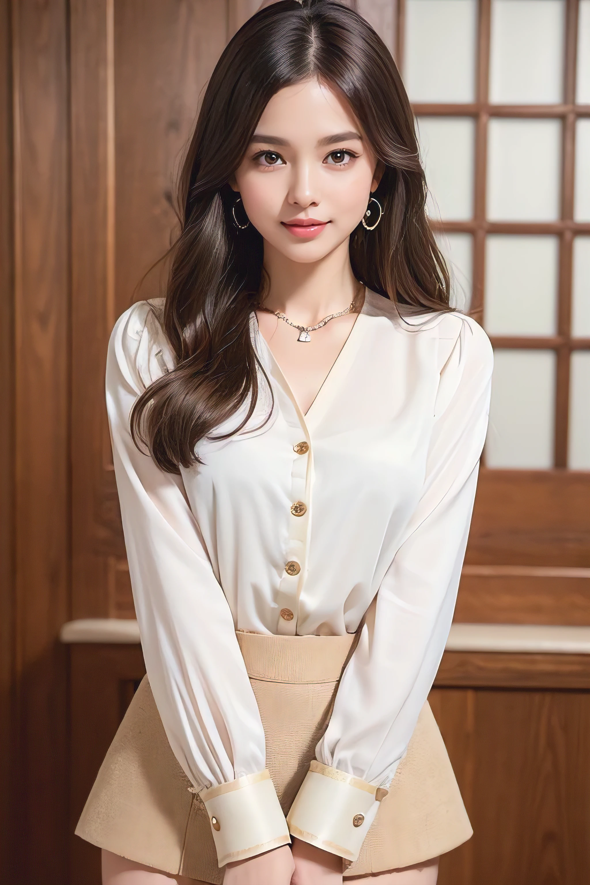 (masterpiece:1.3), high resolution, ultra detailed, extremely detailed CG unity 8k wallpaper, realistic, photo-realistic, RAW photo, beautiful detailed face, pale skin, realistic glistening skin, detailed cloth texture, detailed hair texture, Perfect body, Beautiful Face, accurate, Anatomically correct, Highly detailed face and skin texture, natural neck length, (beautiful hands), (fair skin:1.2), Thin legs, Thin feet, Detailed eyes, symmetric eyes, Light Brown eyes, Double eyelids, Thin eyebrows, (Glossy lips:1.4), ((gently smile:1.2)), (blush:1.1), (A Classy and Cute girl:1.3),fullbody shot、Super long brown hair,Hair with loose waves inside,gold necklace＿Large earrings、((White long sleeve buttoned blouse_Brown tweed mini skirt:1.3)),