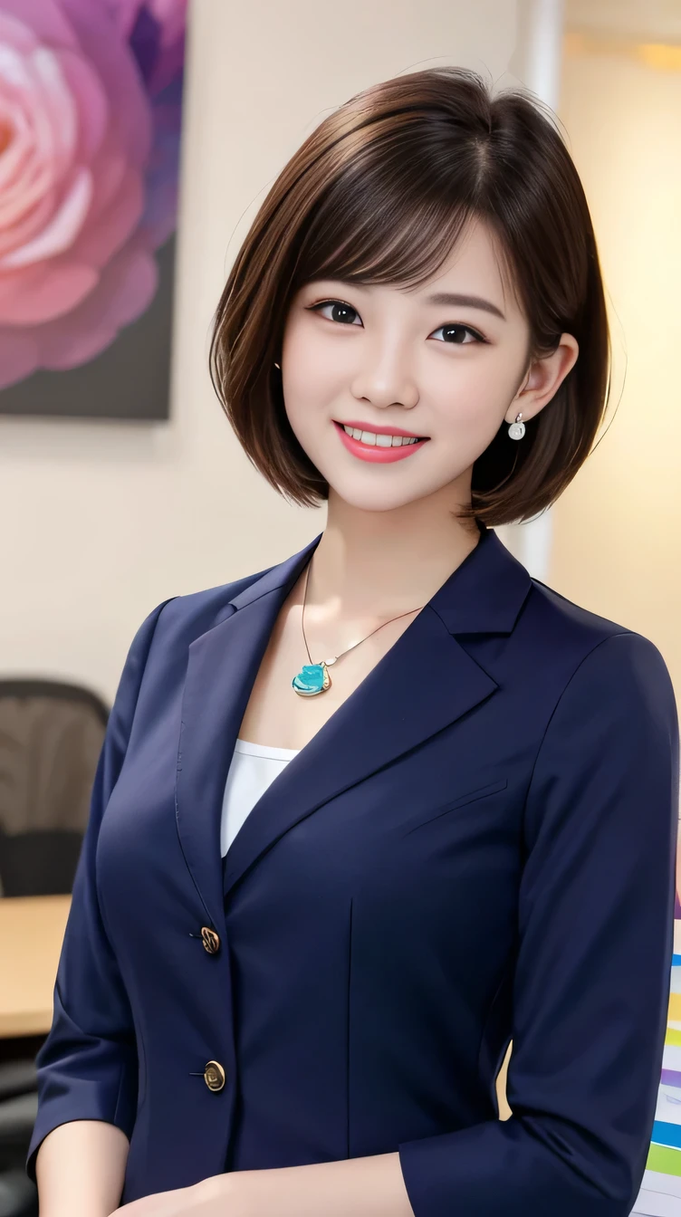 Highest quality:1.2), RAW Photos, High resolution, Very detailed, Intricate details, 、ear piercing、、smile、Beautiful teeth alignment、short hair、Black Hair、Clear beauty,(High quality fabric, Office Lady Suits ）、Necklace around the neck、, The background is the office