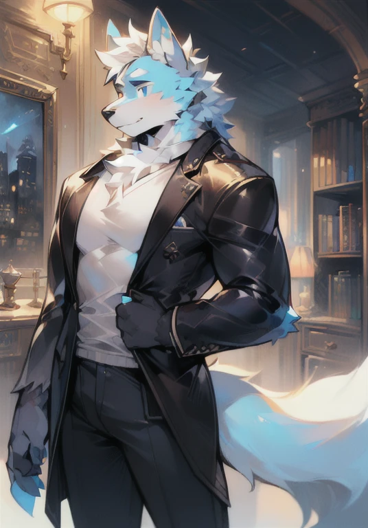 (((A male))), Blue eyes, hairy, 8K HD, Very detailed, super masterpiece, best quality, Very detailed, Correct , Anthropomorphic, Wolf, Background Future City, (look:,Wearing a white shirt and an open black jacket, whole body), ((Light blue and white)), (Slim body), Front view, Perfect hands, very seductive, Practical, masterpiece, best quality, Perfect anatomical structure, nj5hairy, Solitary, Loose clothing, Moderate, Bright Eyes, Delicate eyes, look at viewer, muscular，Handsome，A tail
