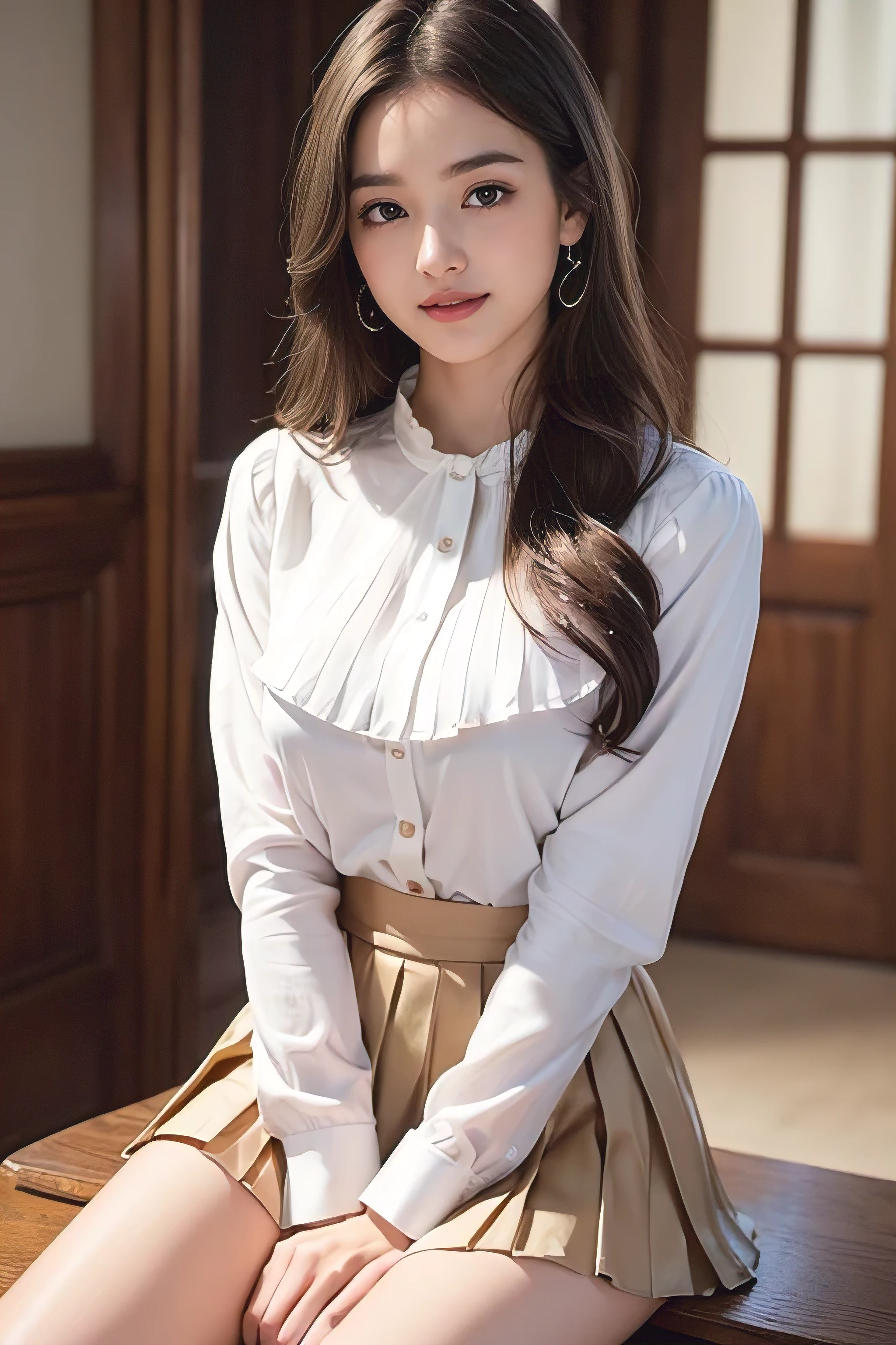 (masterpiece:1.3), high resolution, ultra detailed, extremely detailed CG unity 8k wallpaper, realistic, photo-realistic, RAW photo, beautiful detailed face, pale skin, realistic glistening skin, detailed cloth texture, detailed hair texture, Perfect body, Beautiful Face, accurate, Anatomically correct, Highly detailed face and skin texture, natural neck length, (beautiful hands), (fair skin:1.2), Thin legs, Thin feet, Detailed eyes, symmetric eyes, Light Brown eyes, Double eyelids, Thin eyebrows, (Glossy lips:1.4), ((gently smile:1.2)), (blush:1.1), (A Classy and Cute girl:1.3),fullbody shot、Super long brown hair,Hair with loose waves inside,gold necklace_Large earrings、((White long sleeve buttoned blouse_Brown pleated mini skirt:1.3)),((Medium sized breasts:1.5))))